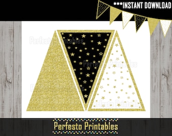 Printable Bunting Banner Black Gold | Glitter Banner | Instant download