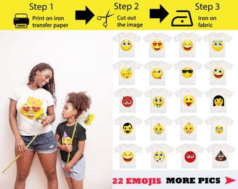 22 Pack Printable Emoji  Iron On Transfers For Shirts, Emoji Shirt, Emoji Birthday Shirt, Emoji Party Shirt, Instant Download