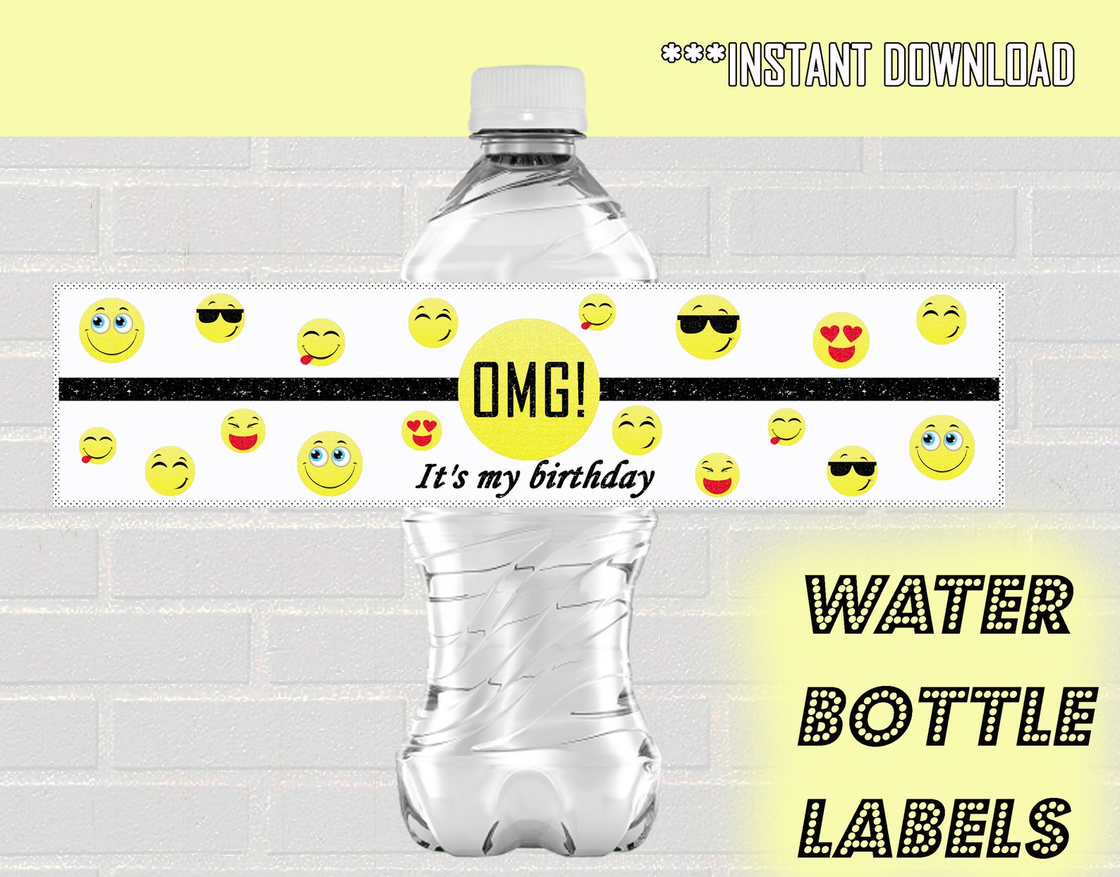 Printable Emoji Water Bottle Labels, Black / Yellow, Birthday ...