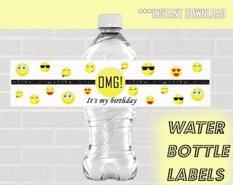 Printable Emoji Water bottle labels, Black / Yellow, Birthday Decorations, girl, boy, Instant download