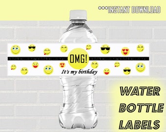 Printable Emoji Water bottle labels, Black / Yellow, Birthday Decorations, girl, boy, Instant download