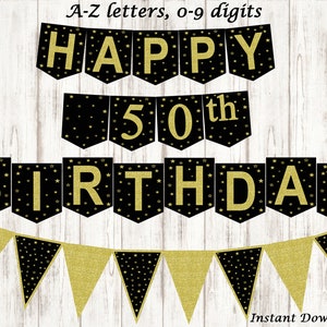 Happy Birthday Banner Personalized Adult , Bunting Banner Black and Gold,  20th, 30th, 40th, 50th, 60th, 70th, 80th, 90th, INSTANT DOWNLOAD