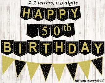 Happy Birthday Banner Personalized Adult , Bunting Banner Black and Gold,  20th, 30th, 40th, 50th, 60th, 70th, 80th, 90th, INSTANT DOWNLOAD