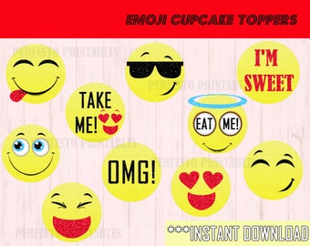 Printable Emoji Cupcake toppers, Yellow, 21st Decorations Birthday, girl, boy, adult Instant download