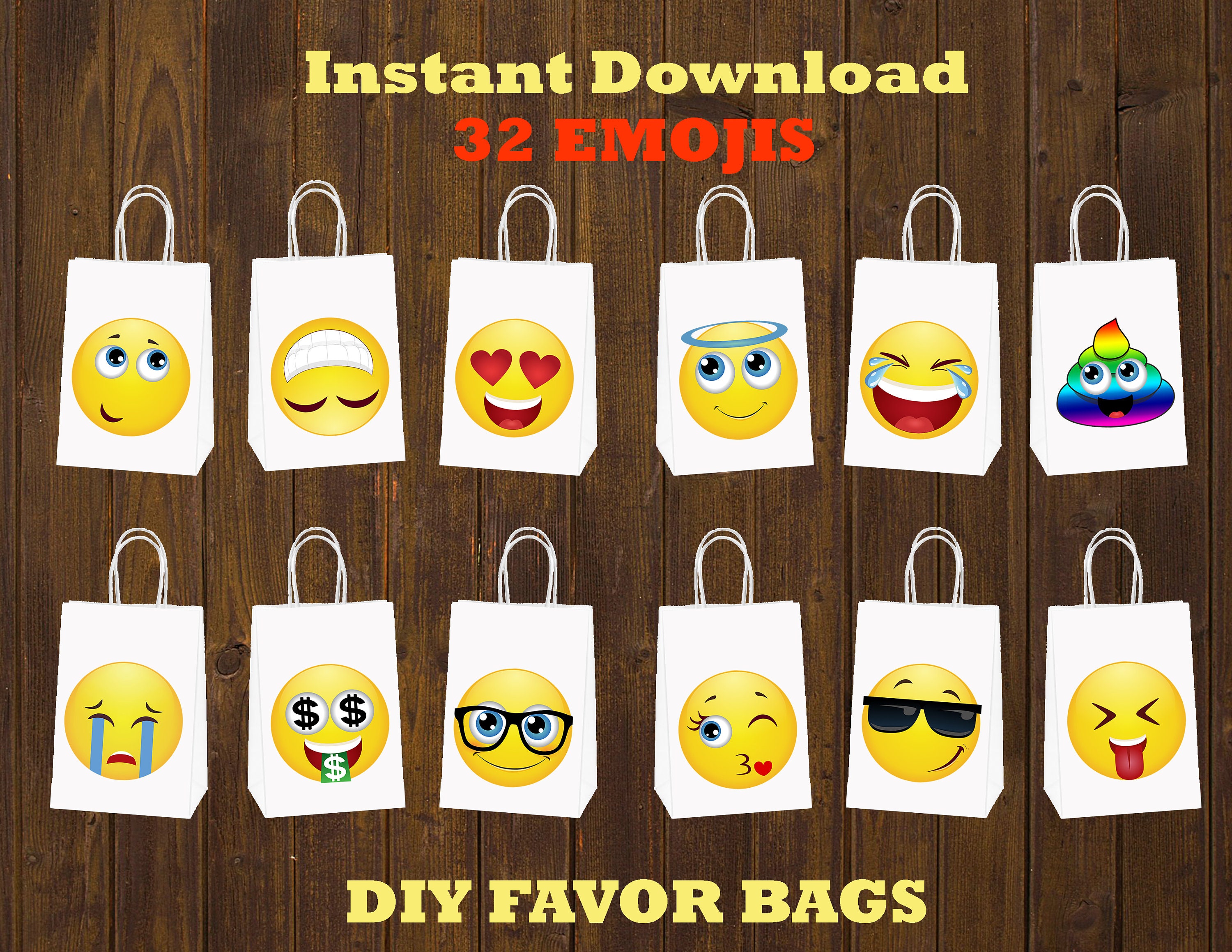 Printable Emoji Favor Bags, Emoji Candy Bags, Emoji Party Bags, Emoji