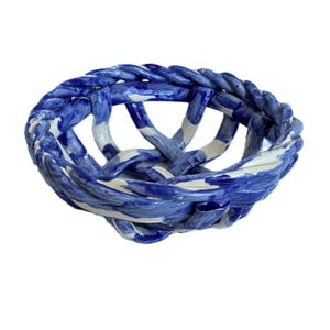 Vintage Blue White Ceramic Pottery Basket Lattice Weave Bowl