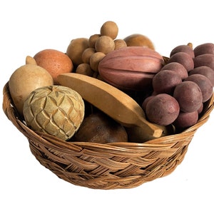 Vintage Mid Century Wood Fruit in Basket - 18 piece set