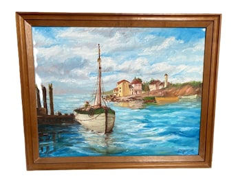 Max Savy Original Signed Oil Painting – Maine Harbor Scene, Framed