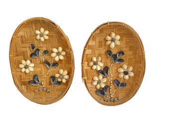 Vintage Bamboo Wall Basket with Cowrie Shell Floral Design Applique – A Pair