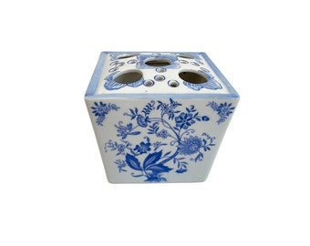 Blue and White Porcelain Chinoiserie Flower Frog Square Cachepot