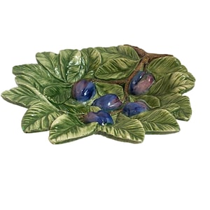 Vintage Italian Majolica Footed Green Leaf Bowl with Plums