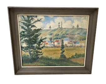 French Impressionist Original Oil Painting Village Landscape Scene Signed