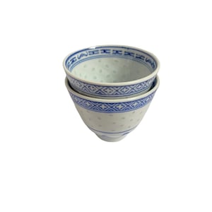 Vintage Chinese Blue White Porcelain Rice Pattern Sake / Tea Cups - A Pair
