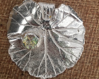 Fine Silver Geranium Leaf with Dichroic Glass Cab