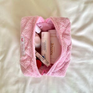 Pink Terrycloth Makeup Bag, pink quilted makeup bag, cosmetic bag, travel pouch, aesthetic makeup bags, toiletry bag, terrycloth zipper bag