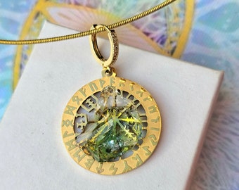VEGVÍSIR ANDARA amuleto de protección | Acero inoxidable | Brújula vikinga | con cristal crudo Andara azul verde / oro | 5D+++++