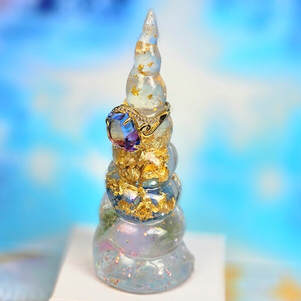 Energetic unicorn RING HOLDER with cast-in Andara crystals and gold leaf | Magically magical! 5D+++++
