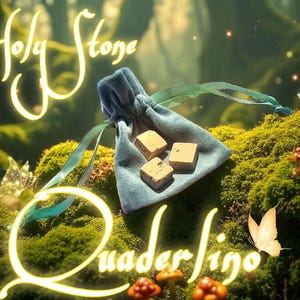 May include: A teal drawstring bag containing three light brown cubes rests on moss. The words "Holy Stone Quaderlino" are written in a glowing, cursive font. Butterflies and mushrooms are scattered around the scene, creating a whimsical feel.