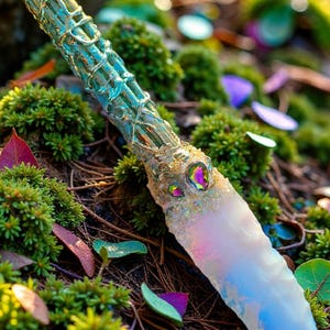Peut inclure: Une baguette artisanale avec un manche vert d'eau et doré et une lame translucide et irisée. Le manche présente des détails complexes et est orné de pierres précieuses colorées. La baguette est posée sur un fond de mousse et de feuillage.