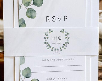 Eucalyptus belly band, editable silver dollar eucalyptus wedding belly band, greenery wedding invite, garden wedding instant download 106