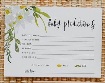 Daisy floral Baby Predictions Baby Shower prediction game Template, Printable Editable Baby Shower watercolor Daisy, Instant Download 121