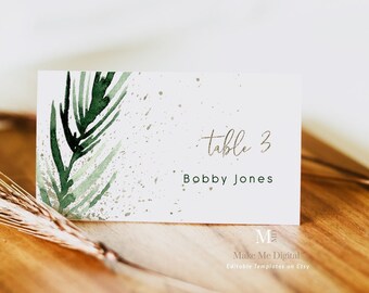 Christmas Pine Place Card Template, Festive green & gold Wedding place card, printable xmas wedding table decor, Name card place setting