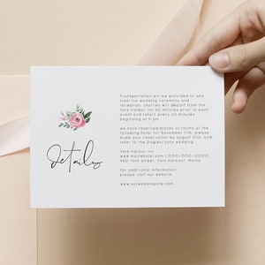 Pink peony information card Floral  Wedding details card printable pink peony details template online instant download wedding info DIY 124