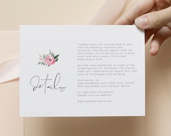May include: A white wedding details card with a pink floral illustration and text that reads "Details". The card includes information about transportation, hotel accommodations, and contact information for the wedding.
