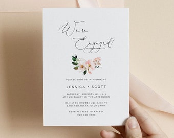 Pink hydrangea Engagement party Invitation blush invitation, boho editable engaged invite , printable we're engaged, instant download 116