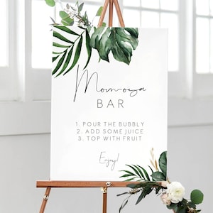 Tropical baby shower momosa bar sign palm leaf mimosa bar, Baby Shower sign, Printable green momosa bar sign, Instant Download 119 image 1