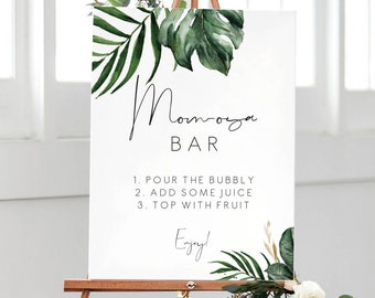 Tropical baby shower momosa bar sign palm leaf mimosa bar, Baby Shower sign, Printable green momosa bar sign, Instant Download 119