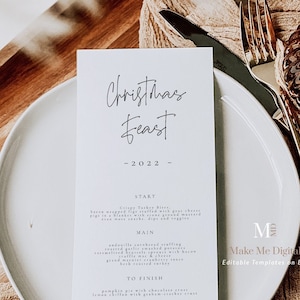 Wydrukuj Minimalistyczne Menu Świąteczne 2024, Nowoczesna Karta Menu, Nowoczesne Menu Kolacji, Natychmiastowe Pobieranie, Edytowalne Eleganckie Świąteczne Menu Kolacji XMAS