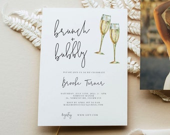 Modern Calligraphy Brunch & Bubbly Invitation, modern Bridal Shower with photo, bridal shower invite, champagne bridal shower invitation 111