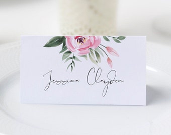 Pink Peony Wedding Place Cards Name Cards Editable Escort Cards Template Instant Download Flat Folded Printable Bridal shower Table Card 124