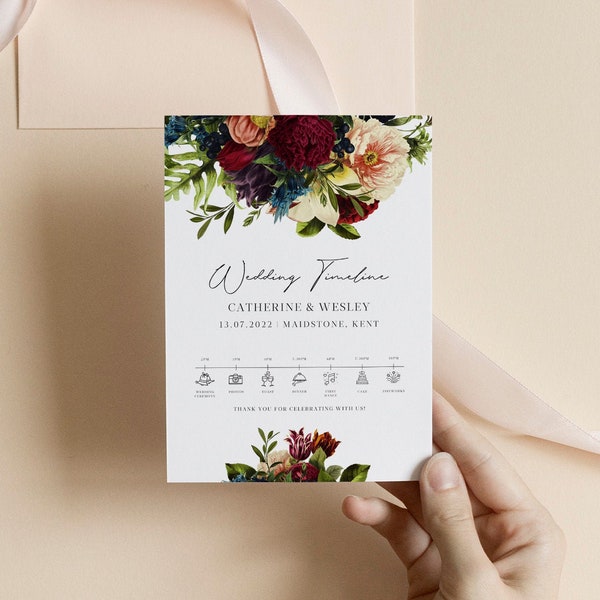 Burgundy Floral Wedding Weekend Itinerary Timeline, Moody autumn Wedding weekend Schedule, Fall wedding timeline insert, welcome bag 105