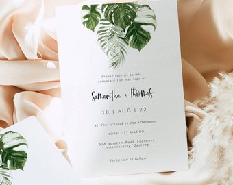 Tropical Wedding Invitation Template, Editable palm leaf Wedding Invitation, Minimal tropical invite, Calligraphy Font monstera Wedding 126