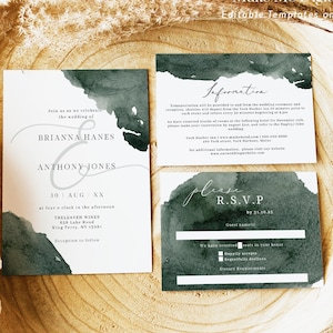 Juego de invitaciones de boda en color verde esmeralda, invitación de boda atemporal imprimible, tarjeta de confirmación de asistencia de boda editable clásica en color verde, detalles modernos en color esmeralda