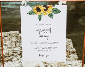 Sunflower Unplugged Wedding Sign, rustic floral wedding unplugged ceremony sign printable, editable yellow sunflower unplugged sign SUNNY