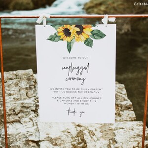 Letrero de boda con girasol desenchufado, letrero de ceremonia de boda desenchufada con flores rústicas para imprimir, letrero de girasol amarillo desenchufado editable SUNNY