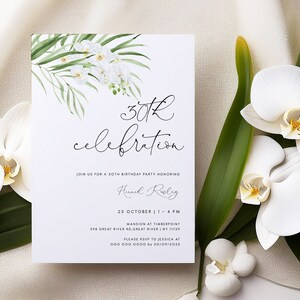 May include: A white invitation card with green foliage and white orchids. The text on the card reads "30th celebration" and includes the details of a birthday party honoring Hunk Roly. The party is scheduled for October 23rd from 11 am to 4 pm at the Mansion at Timberpoint, 390 Great River Rd, Great River, NY 11739. RSVP to Jessica at 000 000 0000 by 10/10/2023.