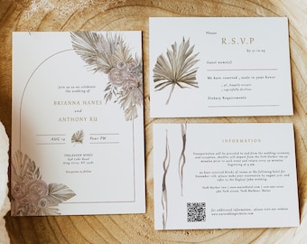 Dried Floral Desert Wedding Invitation set, Bohemian Wedding invite suite, Instant Download Pampas beige wedding, Desert Boho rsvp BRIANNA