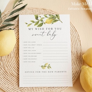 Citroen Mijn wens voor jou lief babyshowerspel, babyadvieskaart, gele citrus babyshower, tuinfeest citroen, afdrukbare babyspellen 122
