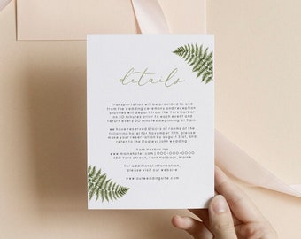 Fern wedding Details Card Template greenery Wedding Invitation Insert Details Card Instant Download Printable Template 112