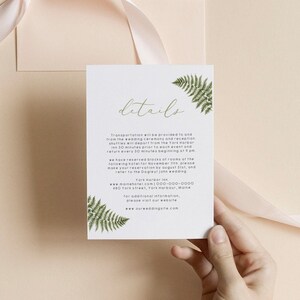 Modèle de carte de détails de mariage fougère verdure Faire-part de mariage Insérer les détails de la carte Modèle imprimable 112 à téléchargement immédiat