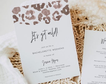 Leopard Print Bachelorette Weekend Invitation, modern Bachelorette itinerary, Weekend itinerary, let's get wild bachelorette weekend