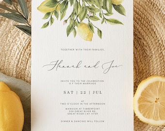 Lemon Wedding Invitation template, Yellow lemon Sorrento Wedding Invite, Amalfi coast wedding Instant Download, Editable yellow citrus 122
