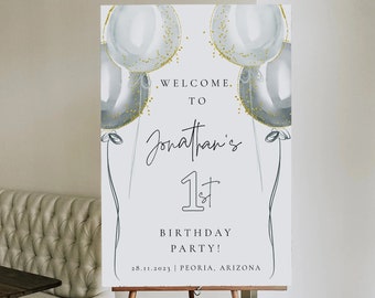 Blue Balloon Boy 1st Birthday Welcome Sign, Delicate 1st Birthday Welcome sign, Printable first birthday party sign, blue balloon themed