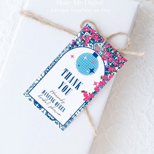 May include: A blue and white thank you tag with a pink floral design. The tag features a disco ball and the text "Thank You" and "Hannah's Dancing Queen Bridal Shower".