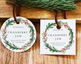 Christmas Wreath Homemade Jam Tag, 2024 Christmas gift circle Tag, Printable square tag, DIY gift Tag Editable Christmas Jam Tag SCANDI XMAS