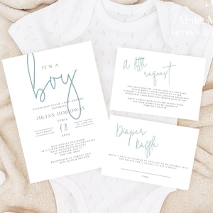 Modern Calligraphy It&#39;s a Boy Invitation set, Editable blue baby shower Invitation Printable Calligraphy diaper raffle book request card 111